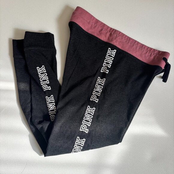 PINK Victoria’s Secret Yoga Leggings – Black with Mauve Waistband & Logo Side St - Picture 1 of 4